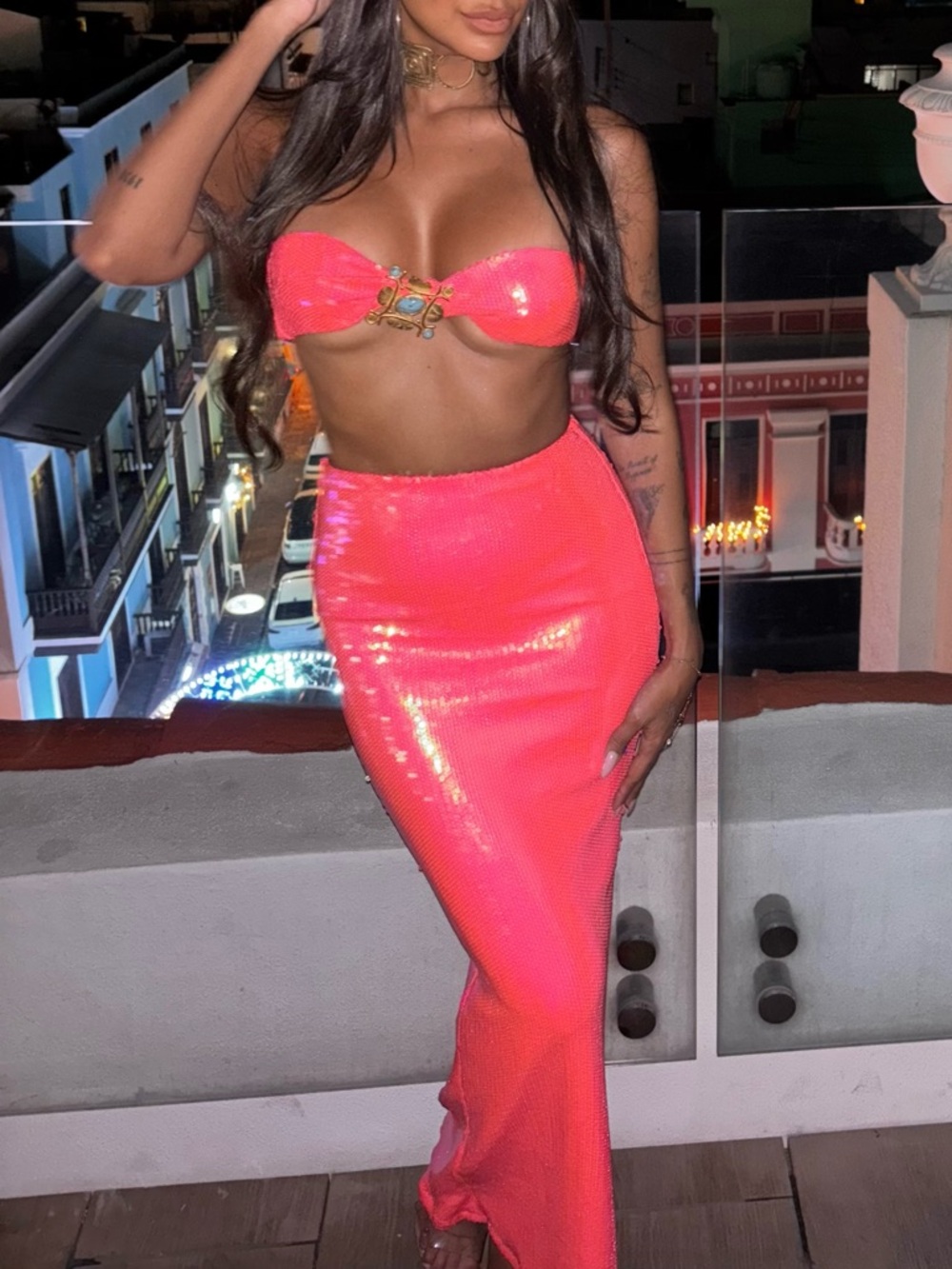 Outcast Nelly Sequin Maxi Skirt & top in Neon Orange